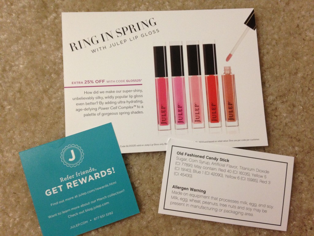 julep lip products offer card, referral card, and candy stick info card