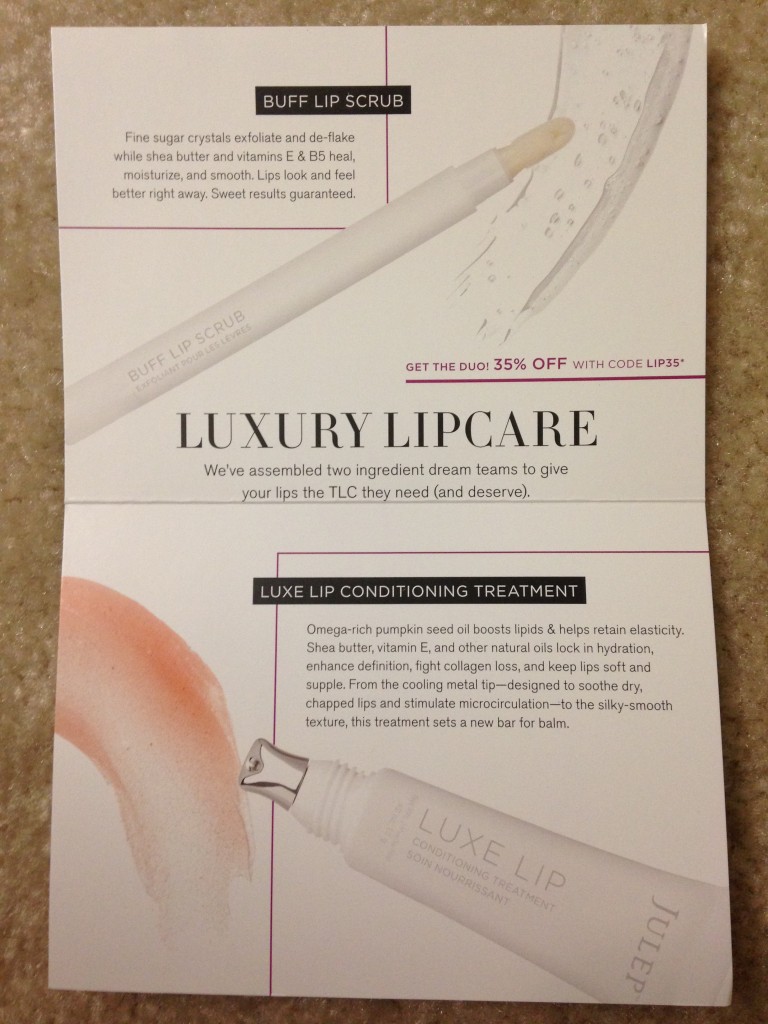 julep luxury lipcare buff lip scrub and luxe lip conditioning treatment information card