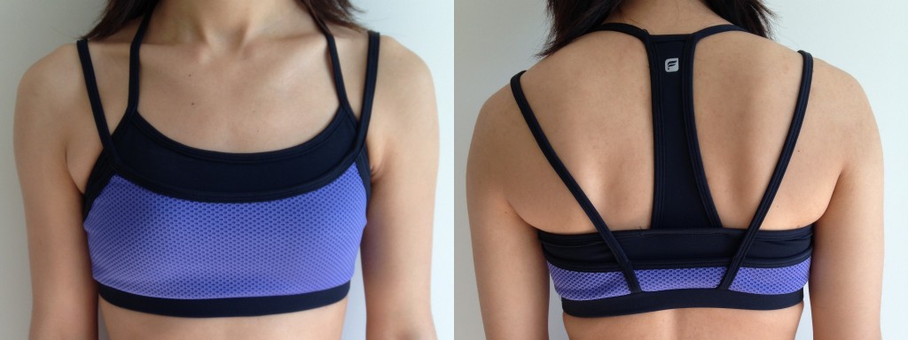 collage of front and back of fabletics lille sports bra in black and purple sage