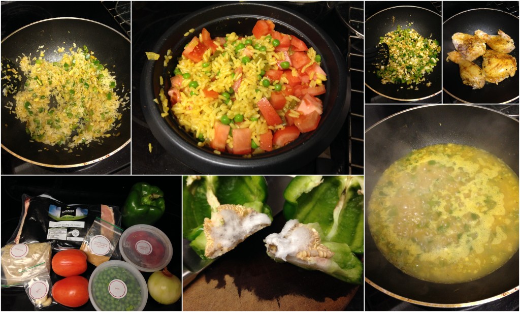 collage of cooking plated arroz con pollo dish