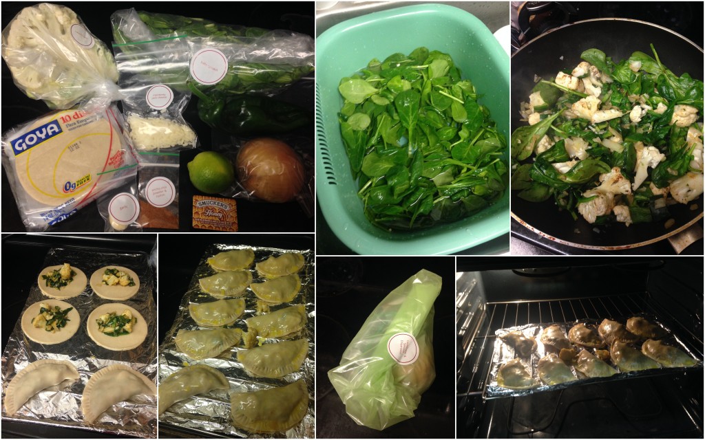collage of cooking plated spinach and cauliflower empanadas with spinach salad dish