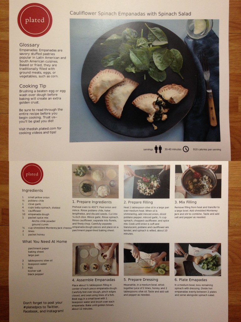 collage of plated spinach and cauliflower empanadas with spinach salad recipe card