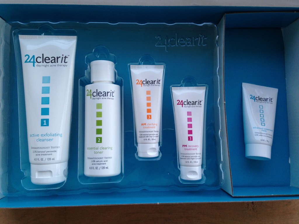 24clearit kit with exfoliating cleanser, clearing toner, clarifying treatment, recovery treatment, and treatment mask