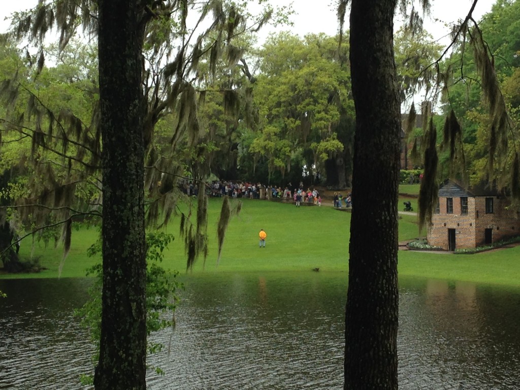 crowd of kids and parents gearing up for easter egg hunt at middleton place