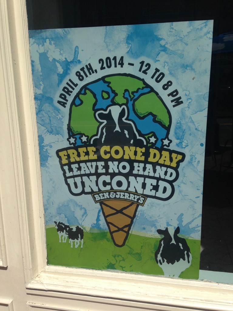 ben and jerry's ice cream free cone day april 8th 2014 sign