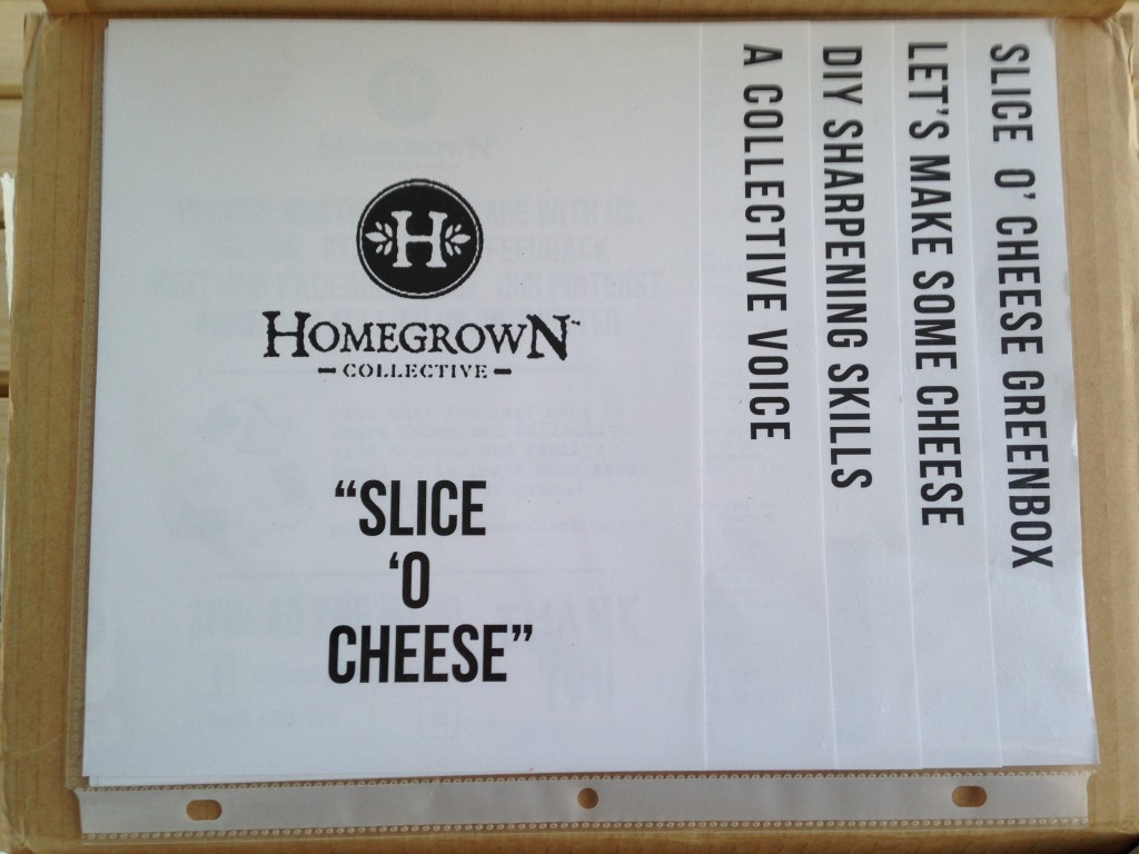 inside of slice 'o cheese homegrown collective box with the info sheets on the inner lid