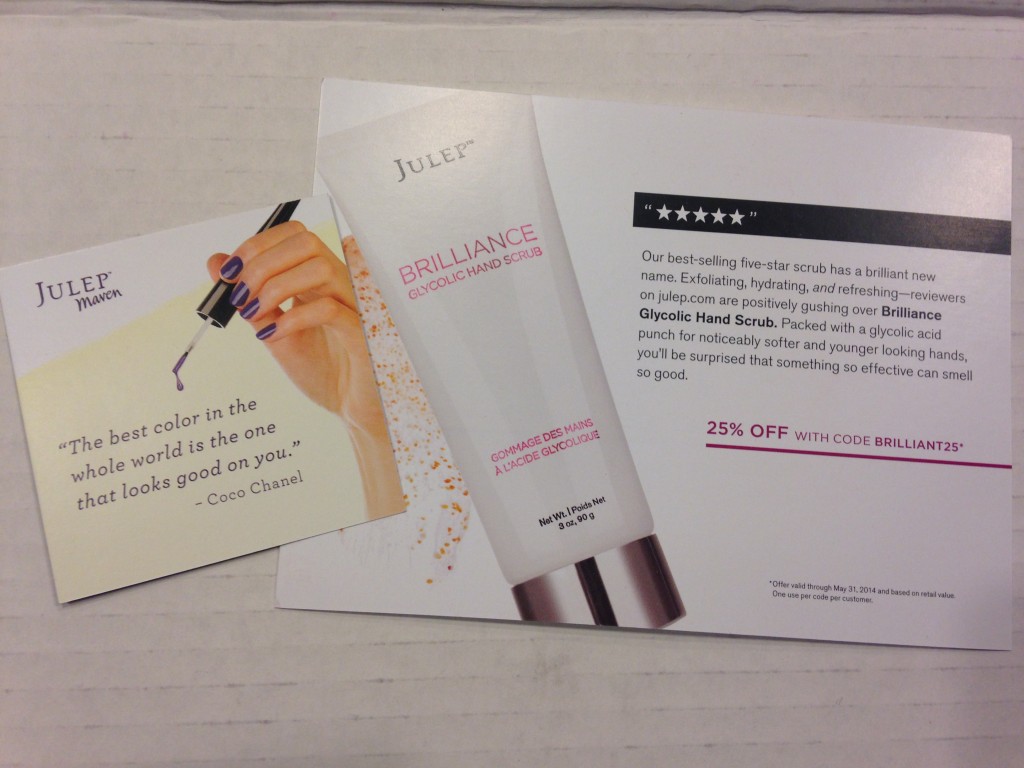 julep quote card and brilliance glycolic hand scrub info card