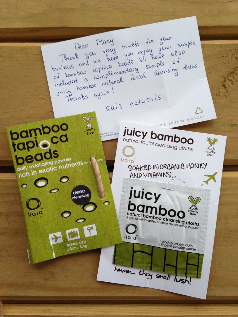 kaia naturals bamboo tapioca beads and juicy bamboo cleansing cloth sample with thank you note