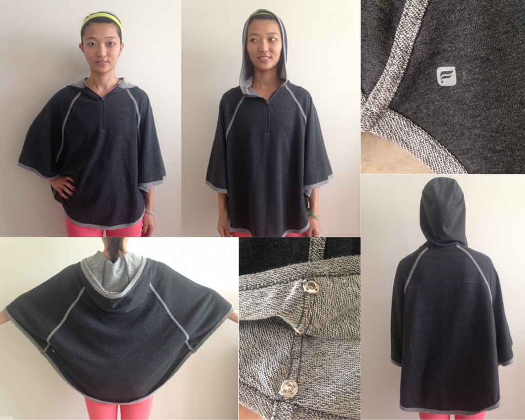 collage of front and back with and without hood and details of fabletics aventura poncho in charcoal heather