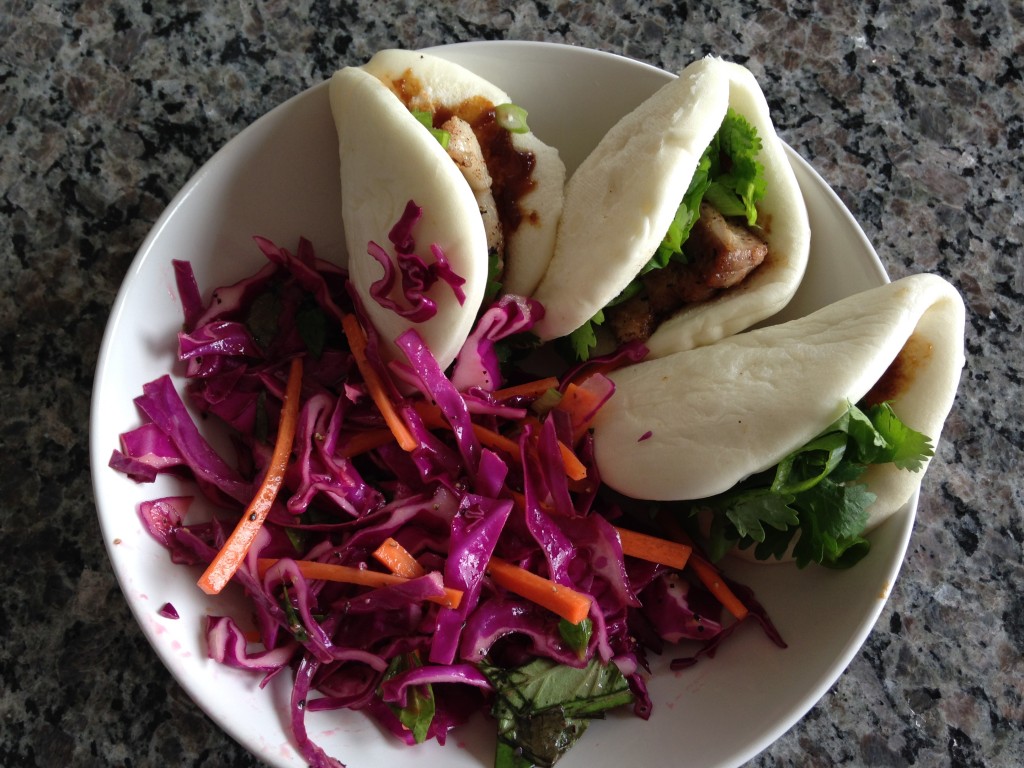 blue apron 5-spice pork buns with red cabbage, carrot and thai basil salad finished product