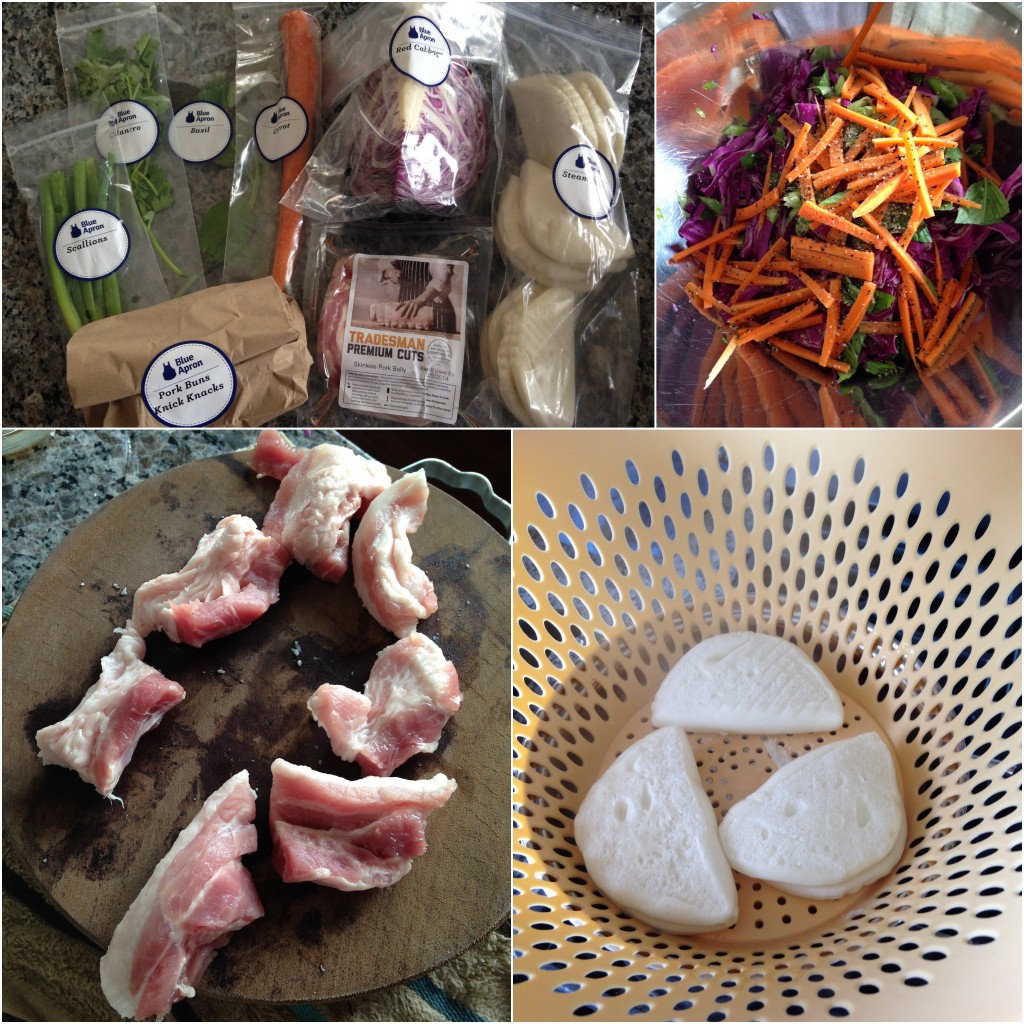 collage of blue apron 5-spice pork buns with red cabbage, carrot and thai basil salad ingredients and meal being cooked
