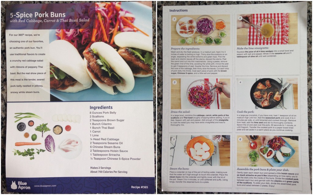 collage of blue apron 5-spice pork buns with red cabbage, carrot and thai basil salad recipe card