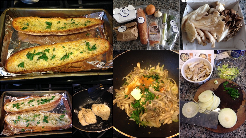 collage of blue apron chicken and mixed mushroom forager with toasted parmesan-garlic bread ingredients and meal being cooked