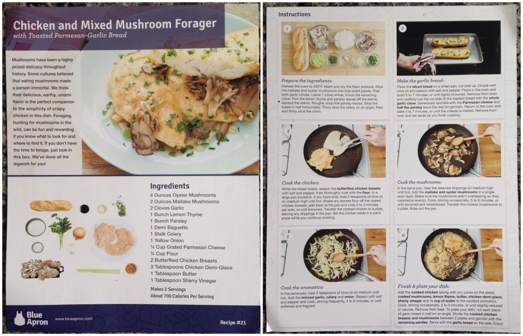 collage of blue apron chicken and mixed mushroom forager with toasted parmesan-garlic bread recipe card