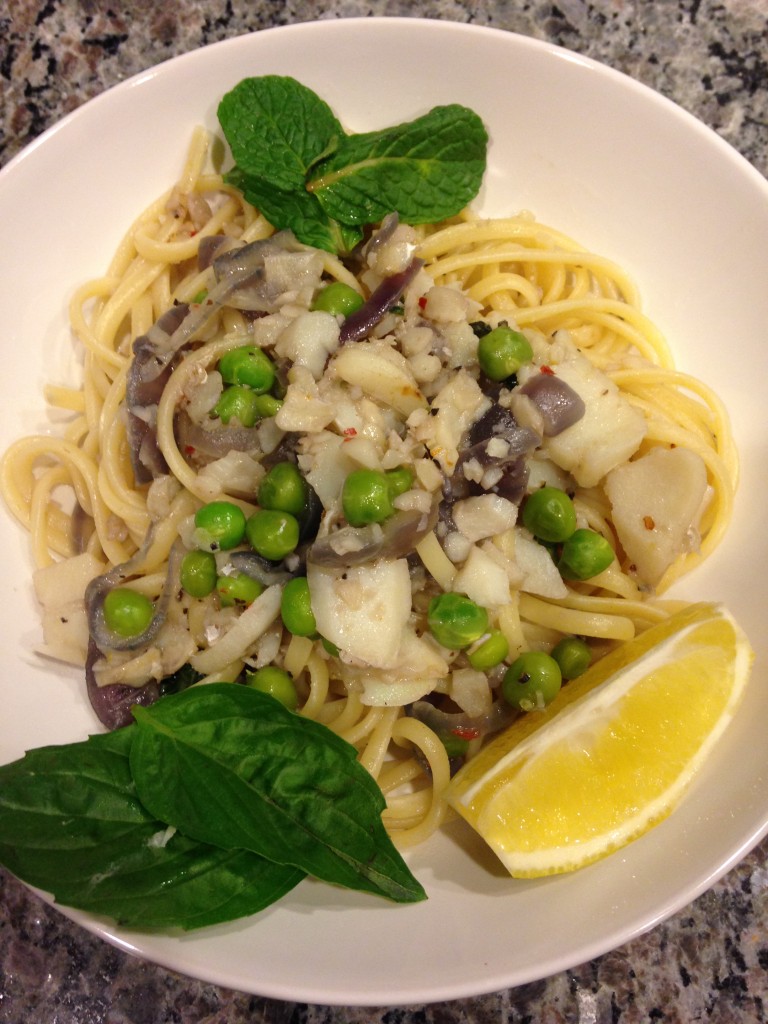 blue apron cod over linguine with fresh peas, meyer lemon and spring herbs finished product