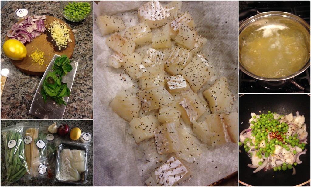 collage of blue apron cod over linguine with fresh peas, meyer lemon and spring herbs ingredients and meal being cooked