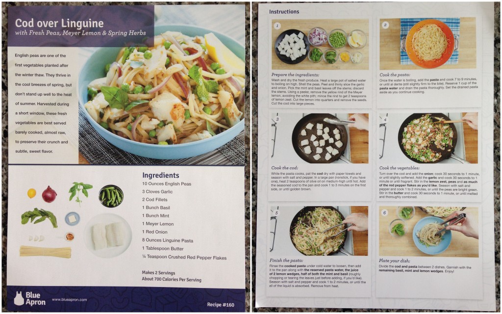 collage of blue apron cod over linguine with fresh peas, meyer lemon and spring herbs recipe card