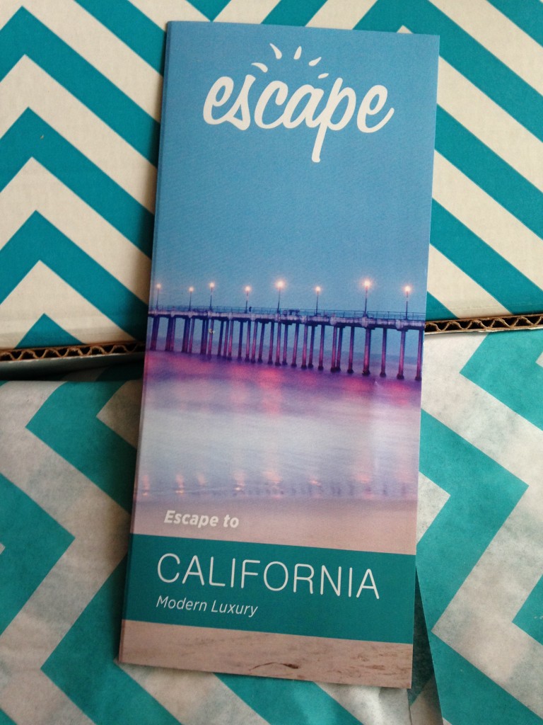 escape monthly may california box info card against blue and white chevron background