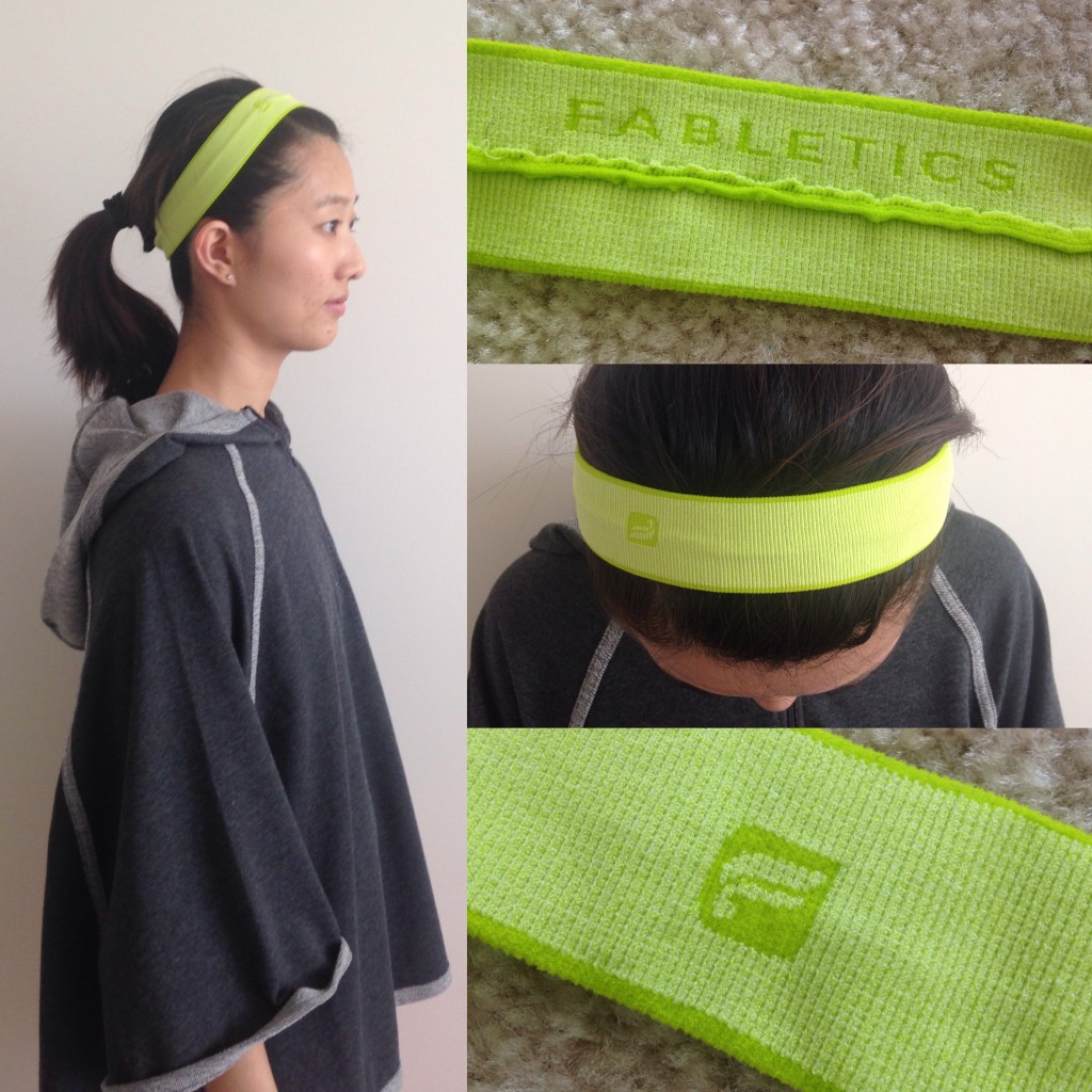 collage of top, side, and details of fabletics headband in ultra lemon