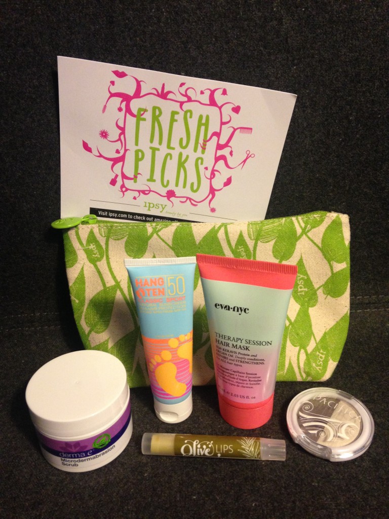 ipsy may 2014 bag items with card including derma e microdermabrasion scrub, hang ten classic sport spf 50, eva nyc therapy session hair mask, olive lips refreshing rosemary lip balm, and pacifica mineral eyeshadow duo in moonbeam and unicorn