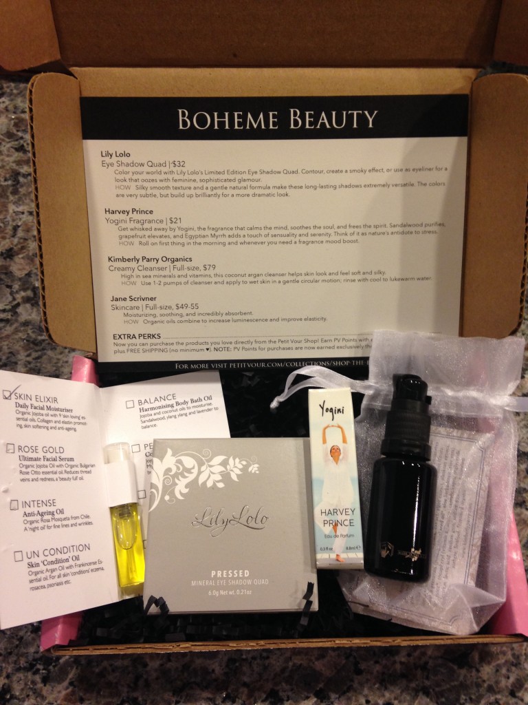 contents of petit vour april 2014 box with jane scrivner skin elixir, lily lolo pressed mineral eye shadow quad in smoky rose, harvey prince yogini eau de parfum, and kimberly parry sea organics creamy cleanser