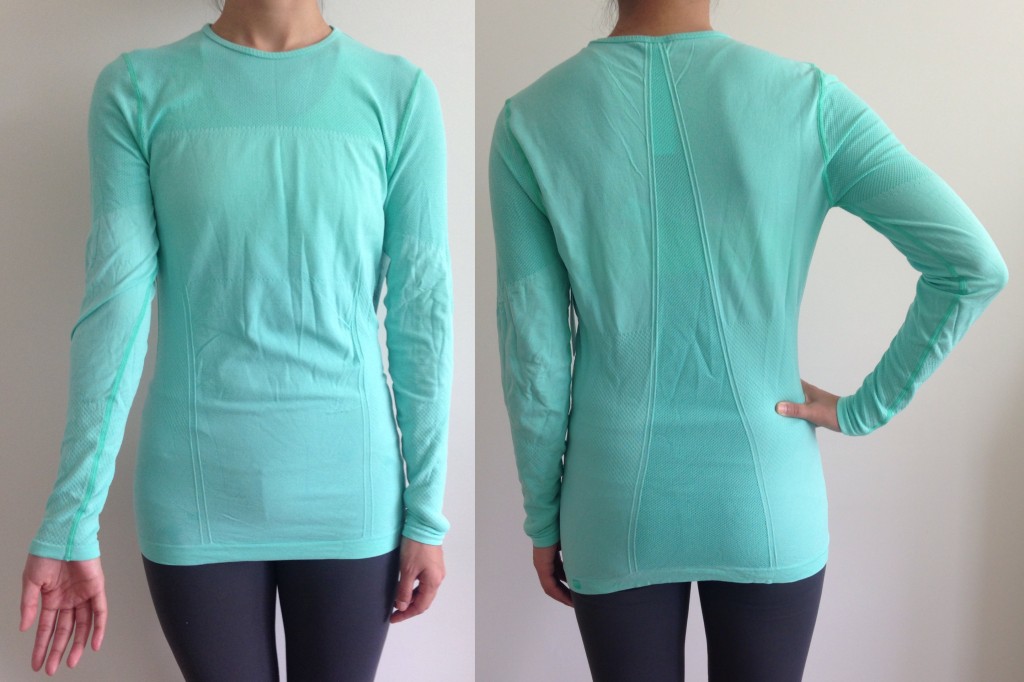 collage of front and back of fabletics eureka top in bright aqua