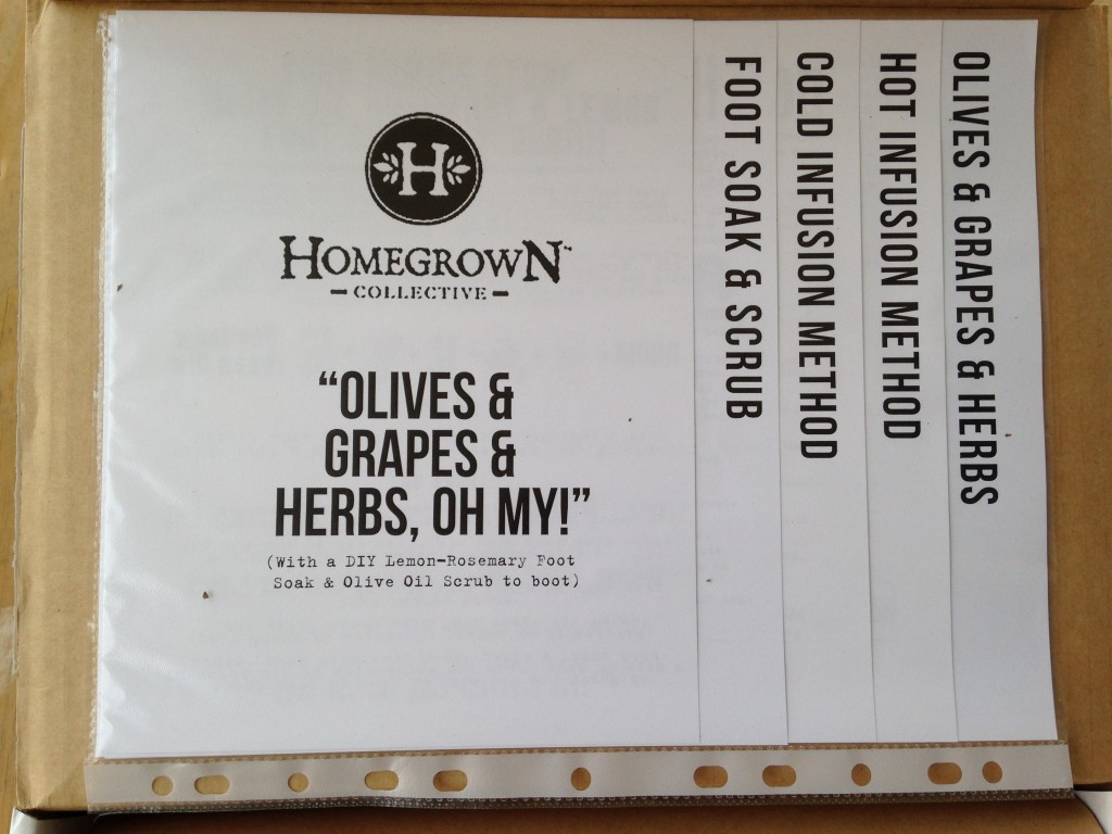 inside of olives grapes herbs oh my homegrown collective box with the info sheets on the inner lid