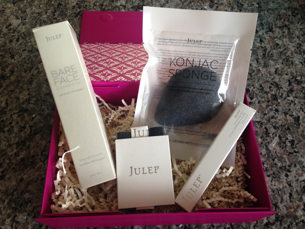 julep perfect 10 memorial day game day box #5 mystery box contents including bare face cleansing oil, konjac sponge, buff lip scrub, and polishes in tracy, marjorie, and claudette