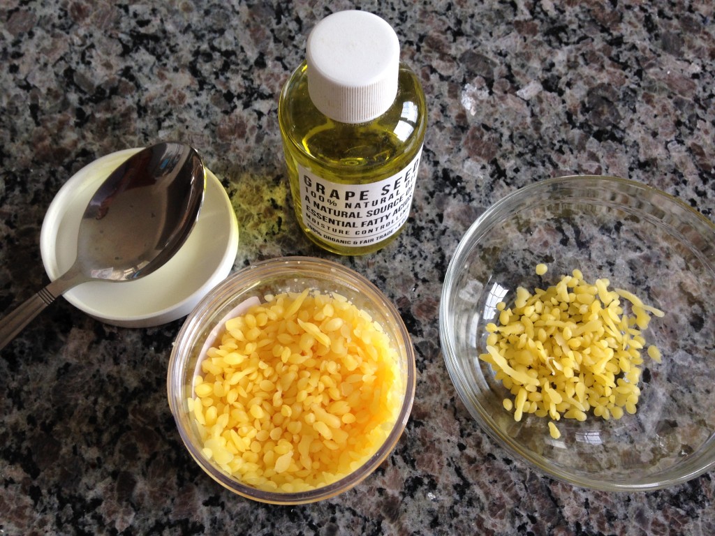 ingredients to make wood butter including beeswax and grape seed oil