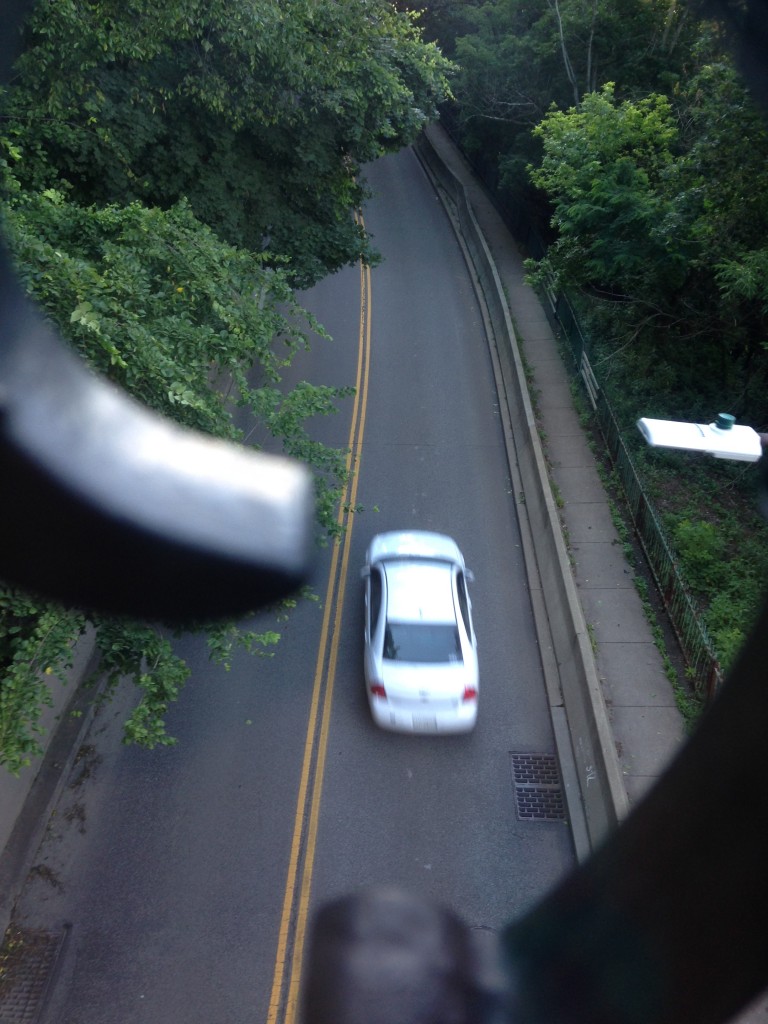 On our trip back down the incline, we pass over the road with cars driving under.