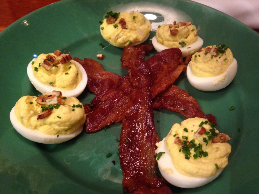 deviled eggs with spiced pecans and sugar cured bacon at coastal flats
