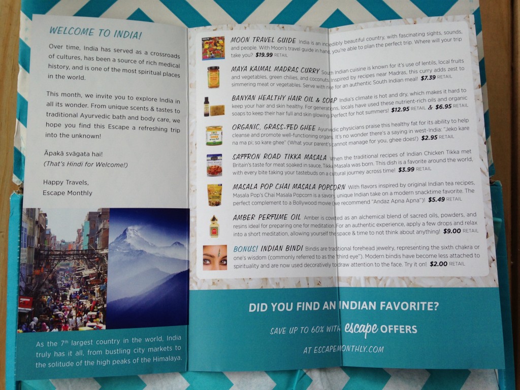 escape monthly july india box info card opened with details of products included