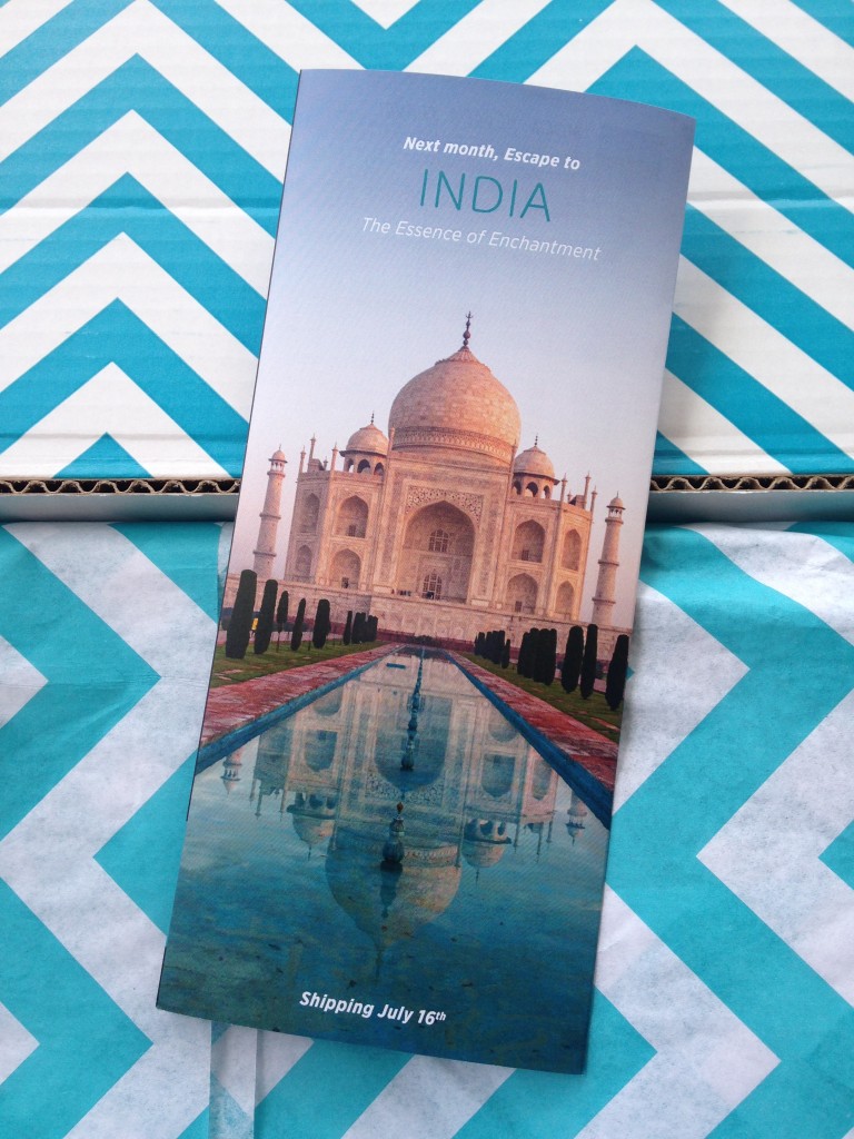 escape monthly june las vegas box info card back with preview of next month's box theme of india