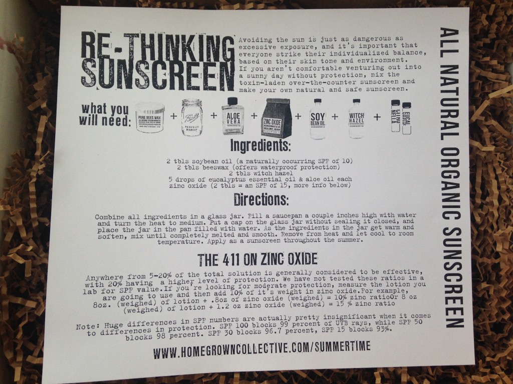 the homegrown collective june 2014 project all natural organic sunscreen info card