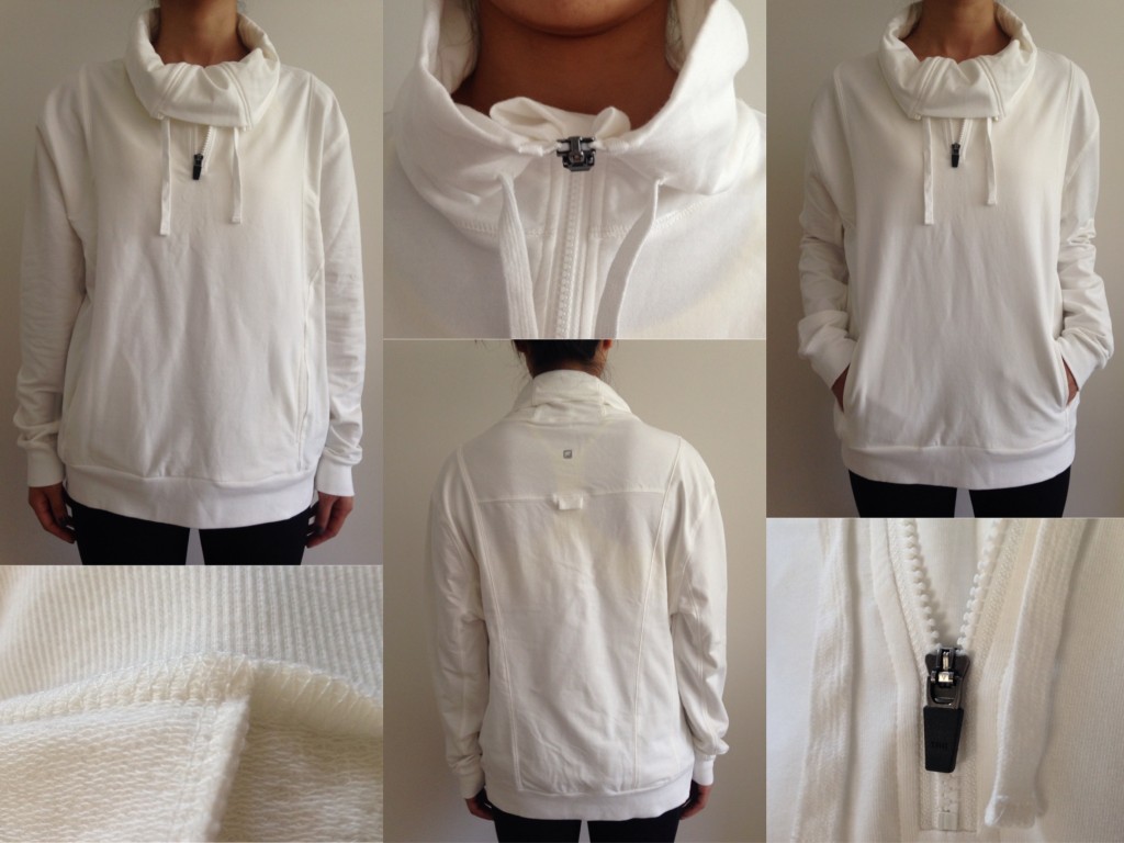 collage of front, back, collar, zipper, and close-up of fabletics kingston sweatshirt in white