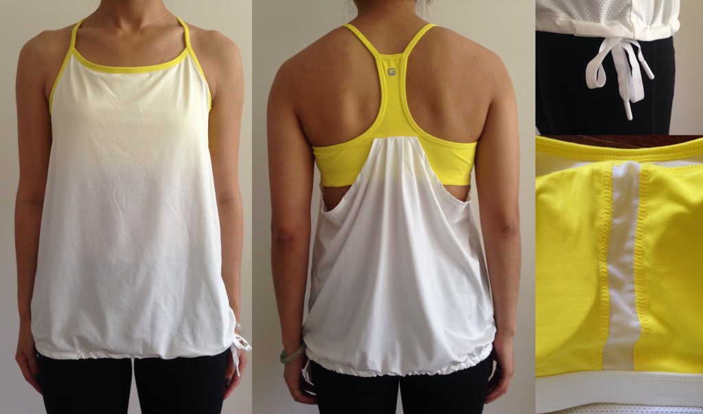 collage of front, back, tie, and inside of fabletics norwalk tank in white and blazing yellow