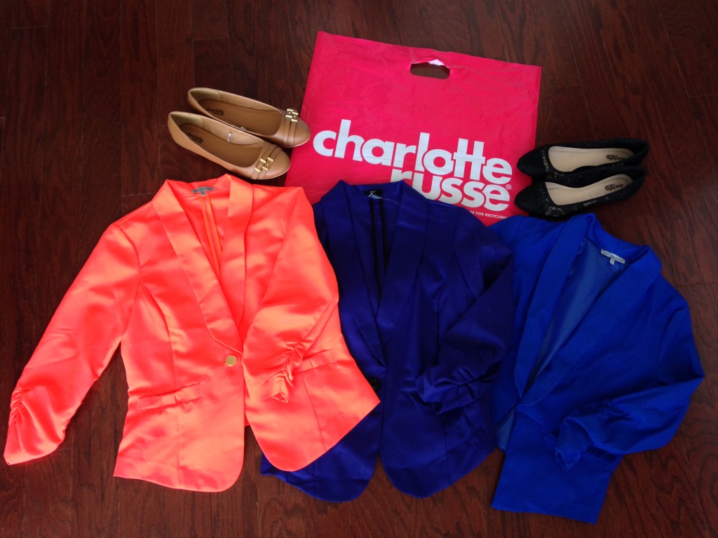 charlotte russe palmer embossed round toe two strap flats in cam, lace pointy toe ballet flats in black, and blazers in neon orange, purple, and blue