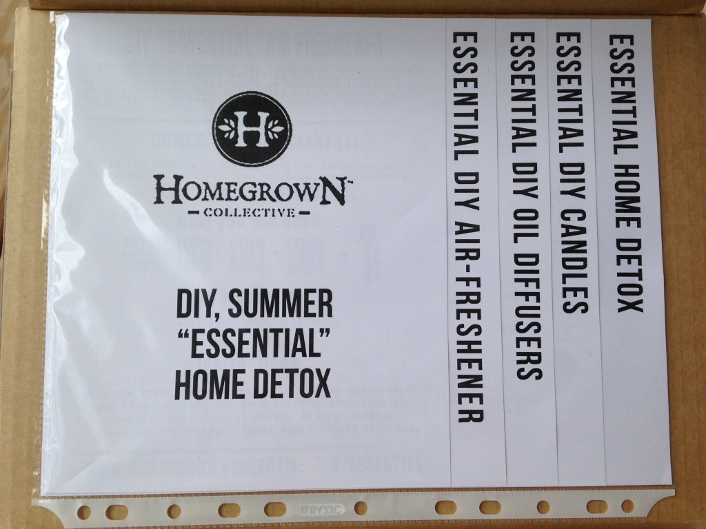 inside of diy summer essential home detox homegrown collective box with the info sheets on the inner lid