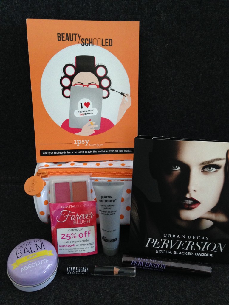 ipsy august 2014 bag items with card including absolute new york you're the balm lip balm in grape, coastal scents forever blush duo samples in fresh and elegant, dr. brandt pores no more primer, lord & berry kohl eye pencil, and urban decay perversion mascara