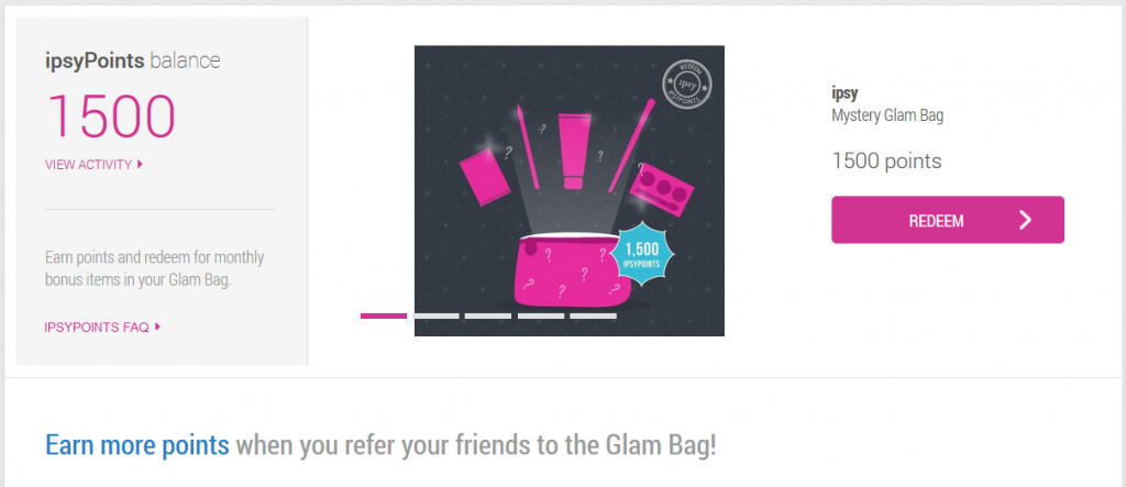 screenshot of ipsy mystery bag offer for 1500 points and account with 1500 points