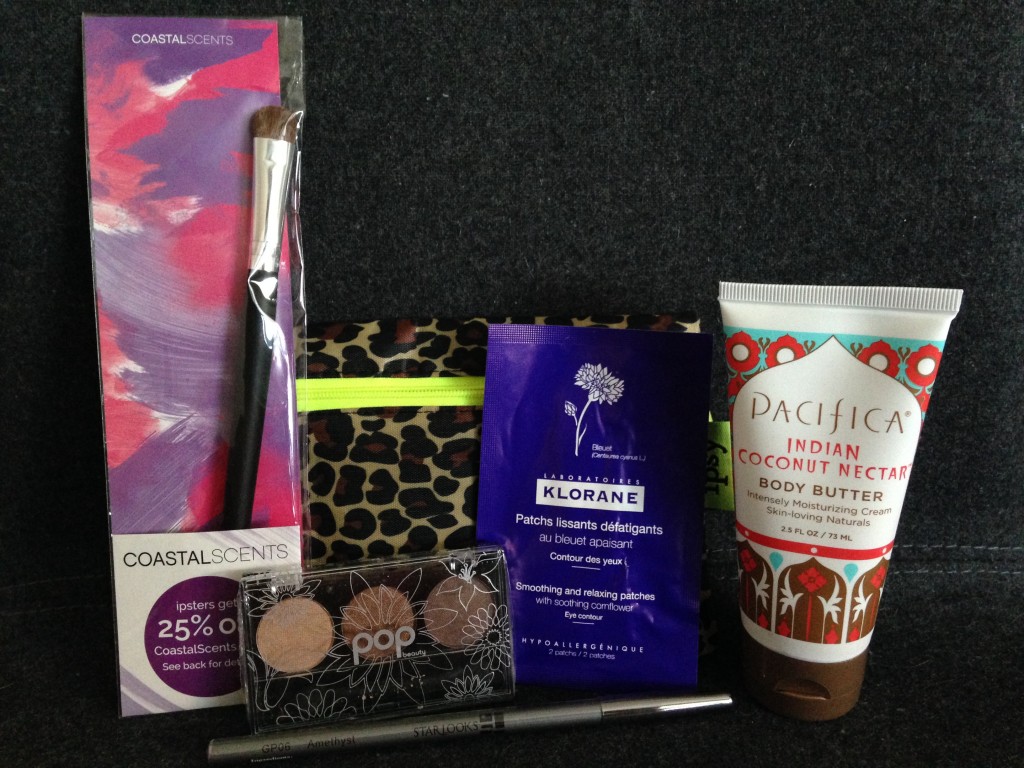 ipsypoints mystery bag items including coastal scents medium shadow brush, pop beauty eye shadow trio in naturally bare, klorane smoothing and relaxing eye patches, starlooks eyeliner in amethyst, and pacifica indian coconut nectar body butter