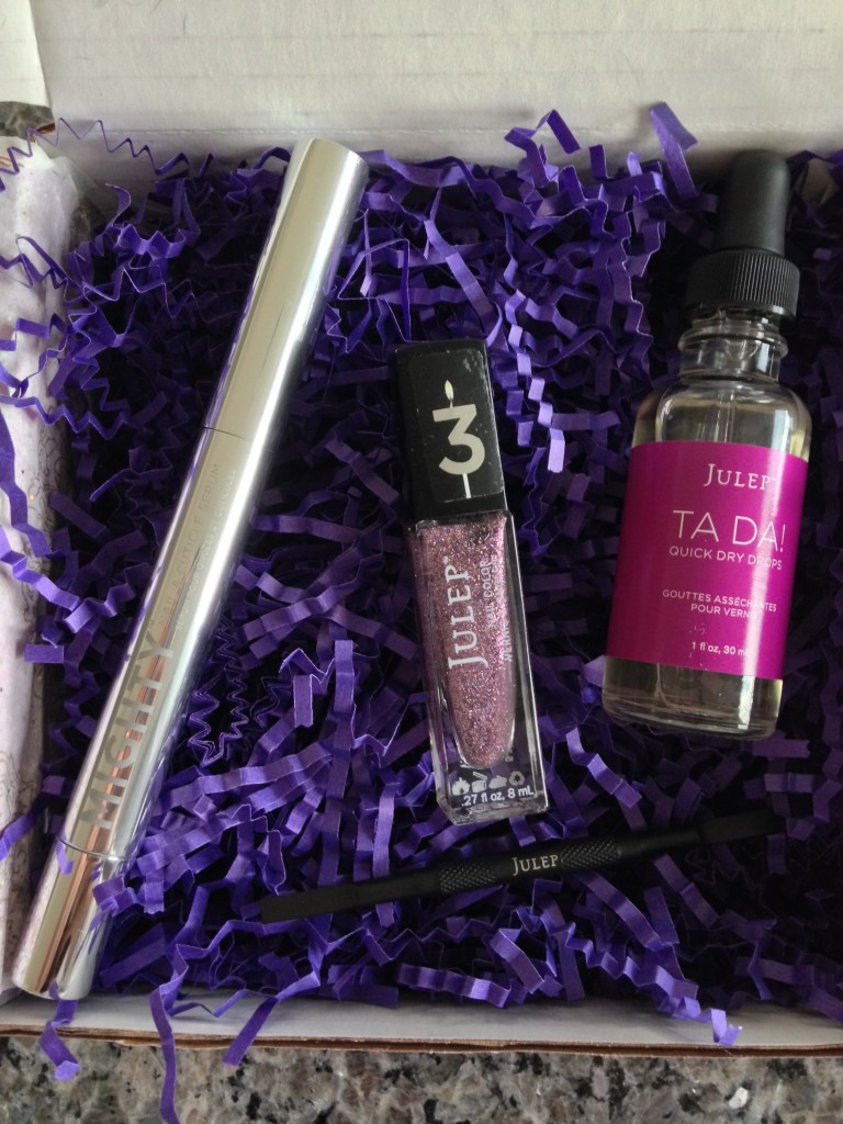 julep mighty nail & cuticle serum, queen anne polish, ta da quick dry drops, and cleanup tool