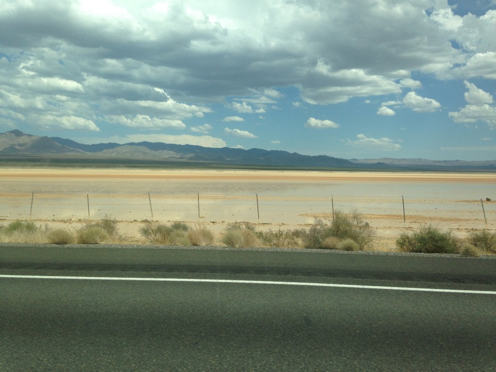 water reflection along road in desert