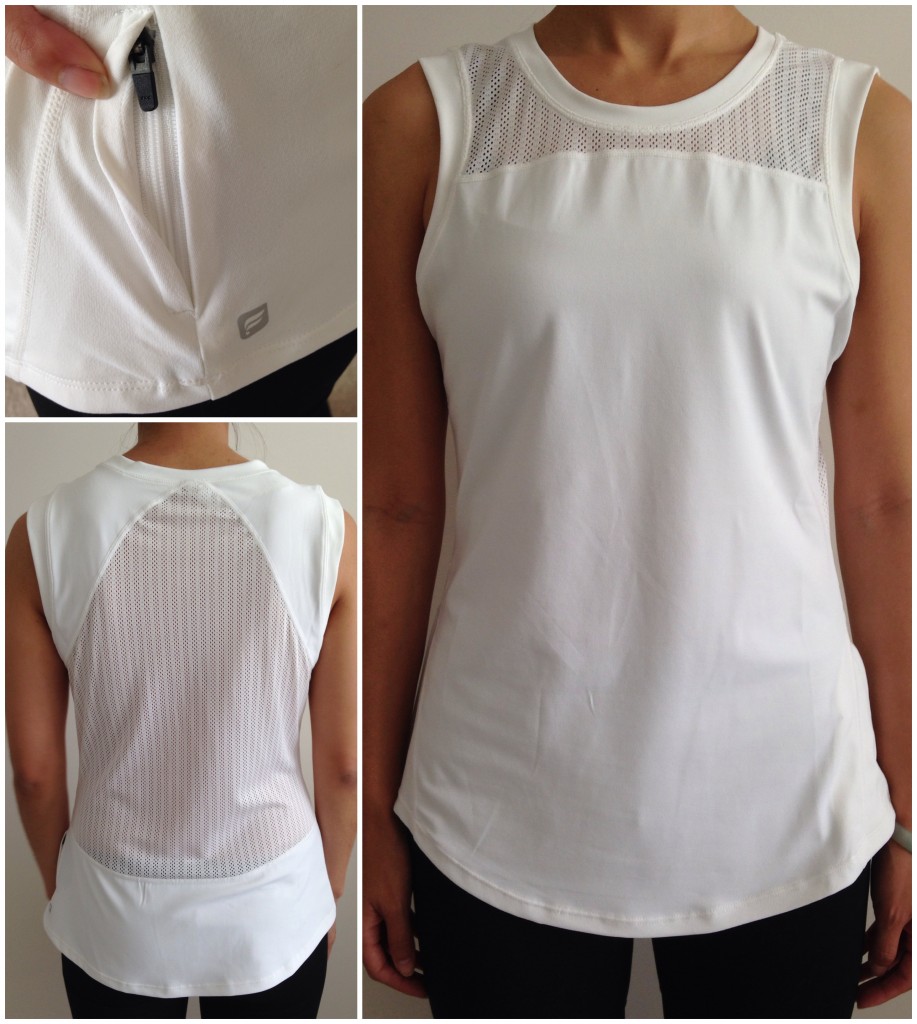collage of front, back, and zip pocket of fabletics cayman top in white