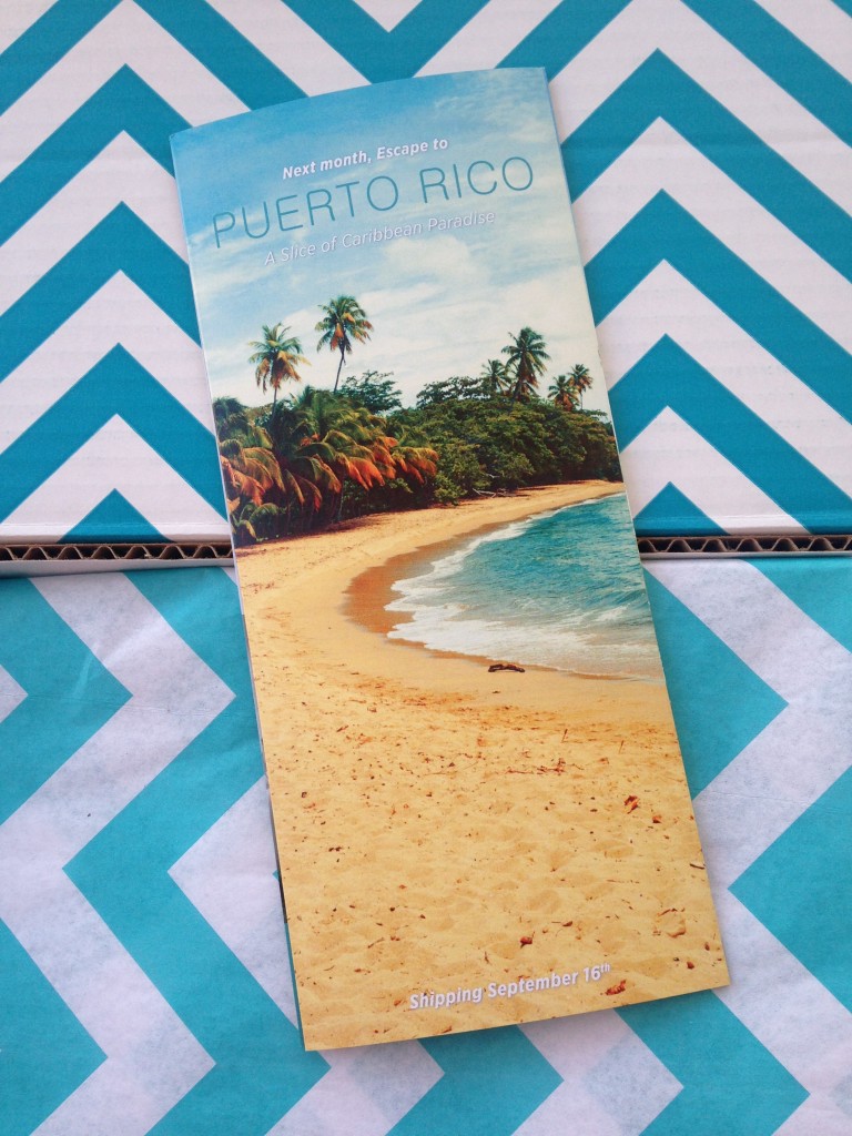 escape monthly august paris box info card back with preview of next month's box theme of puerto rico