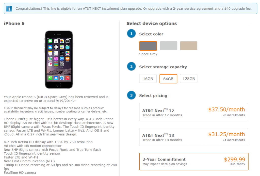 screenshot of ordering process for iphone 6 at at&t wireless