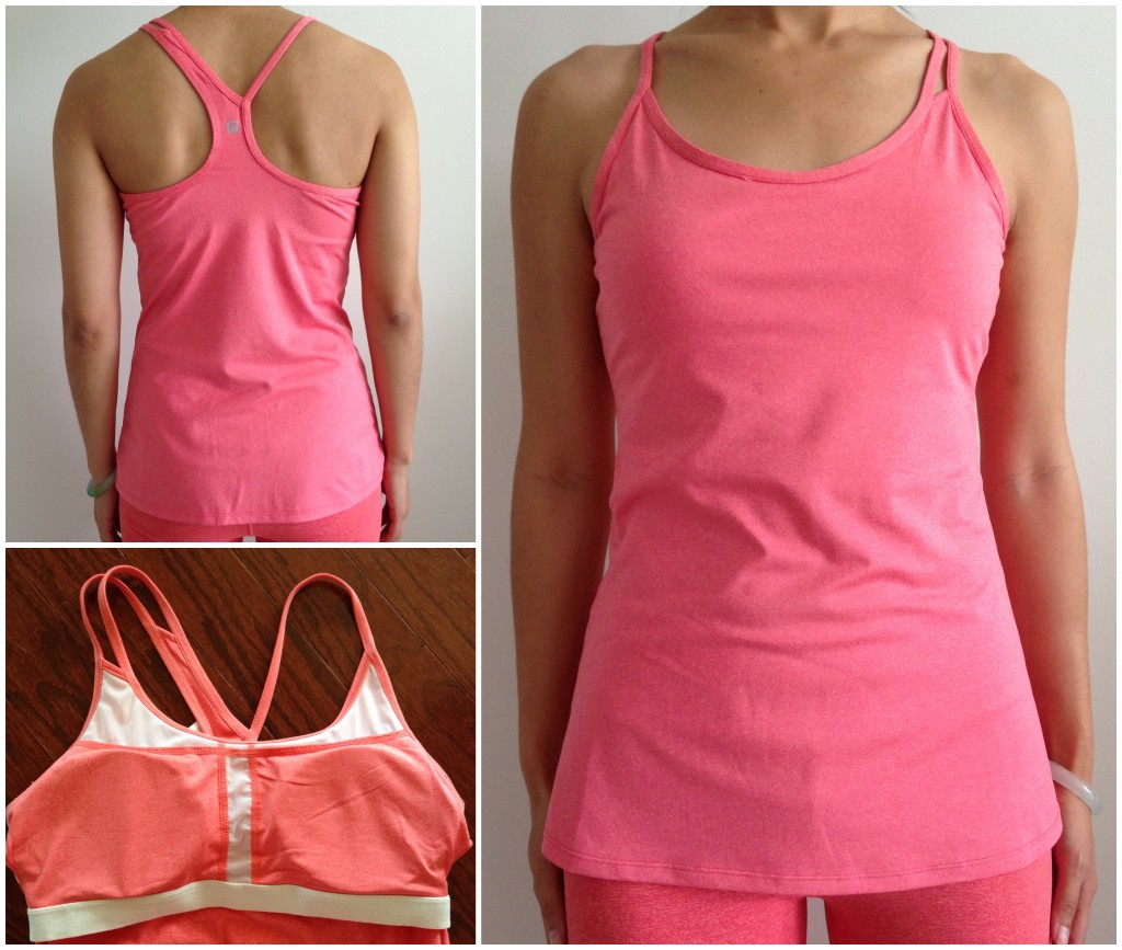 collage of front, back, and inside of fabletics omemee tank in pink grapefruit heather