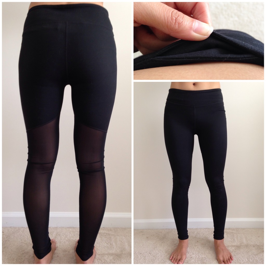collage of front, back, and hidden pocket of fabletics rocha leggings in black