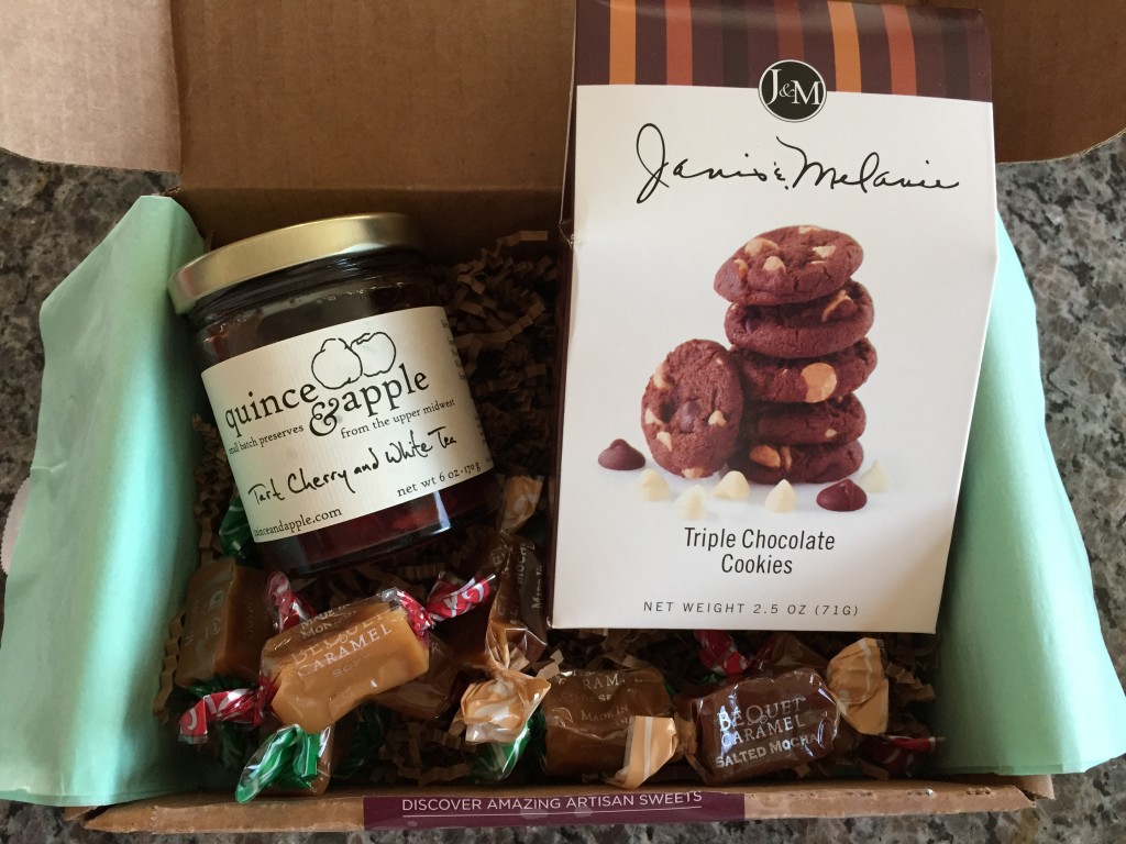 treatsie september 2014 box contents with quince & apple tart cherry and white tea preserves, j&m triple chocolate cookies, and bequet confections caramels