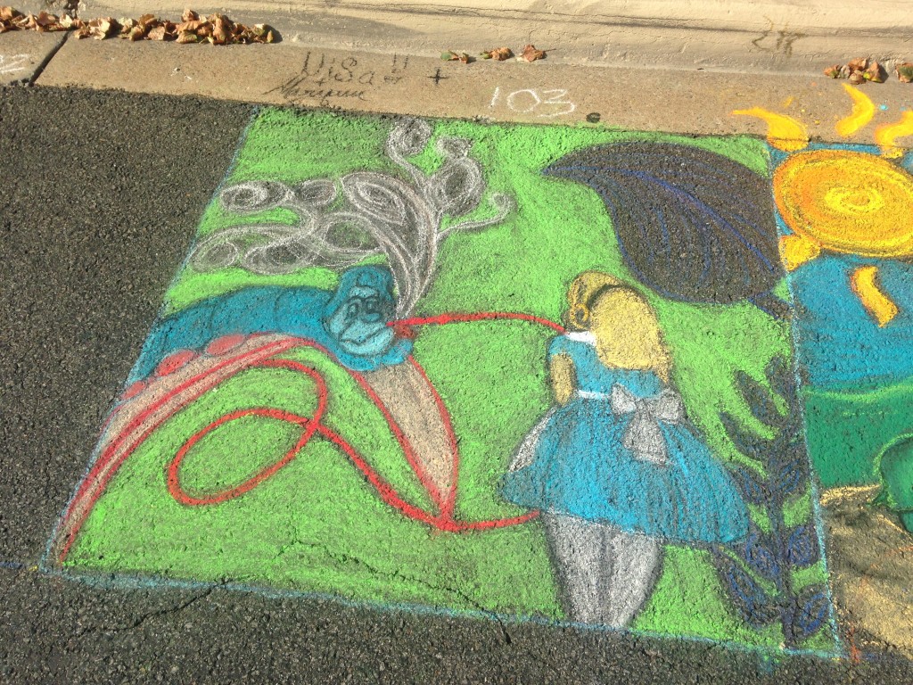 chalkfest reston chalk art drawing of alice in wonderland scene